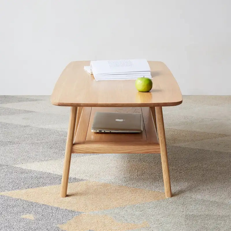 Mesa de centro de roble macizo de 2 niveles con estante de almacenamiento, natural/roble