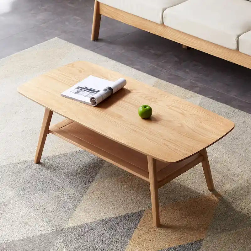 Mesa de centro de roble macizo de 2 niveles con estante de almacenamiento, natural/roble