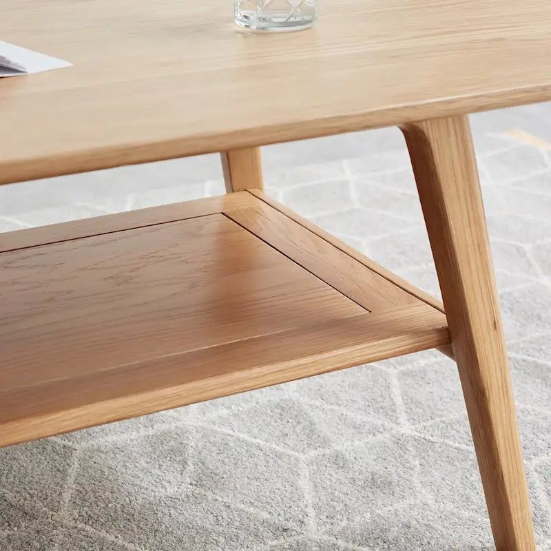 Mesa de centro de roble macizo de 2 niveles con estante de almacenamiento, natural/roble