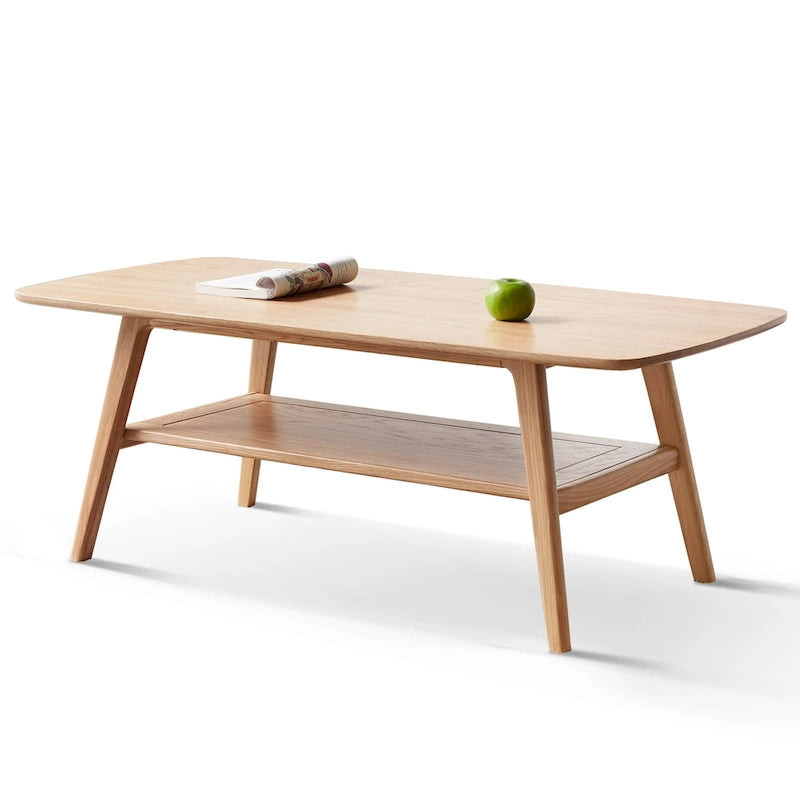 Mesa de centro de roble macizo de 2 niveles con estante de almacenamiento, natural/roble