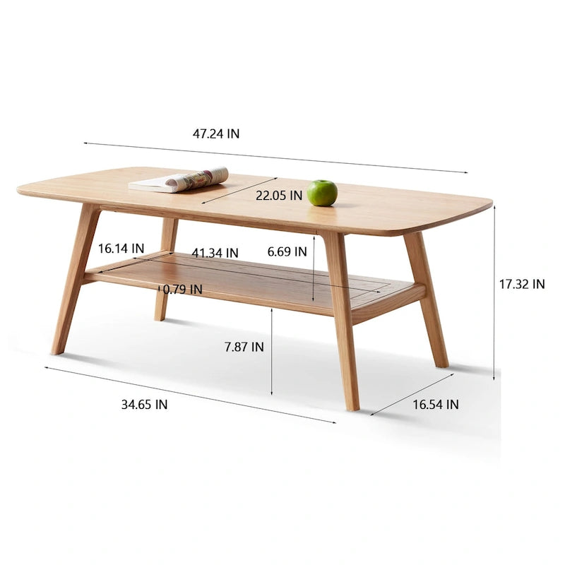Mesa de centro de roble macizo de 2 niveles con estante de almacenamiento, natural/roble