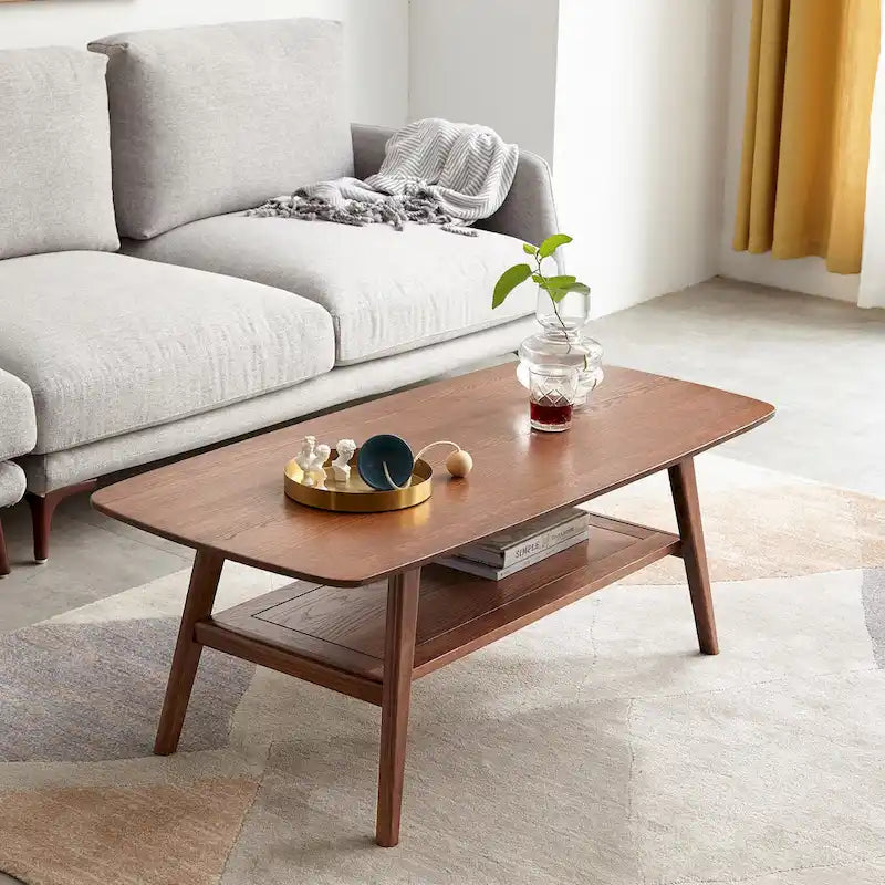 Mesa de centro de roble macizo de 2 niveles con estante de almacenamiento, natural/roble