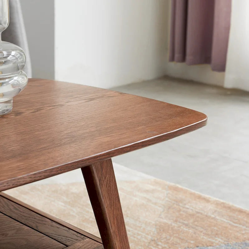 Mesa de centro de roble macizo de 2 niveles con estante de almacenamiento, natural/roble