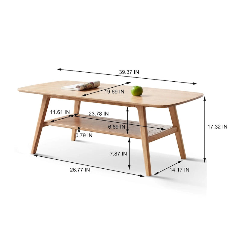 Mesa de centro de roble macizo de 2 niveles con estante de almacenamiento, natural/roble