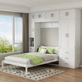 Cama de pared Murphy blanca tamaño matrimonial con armarios, cajones y taquillas, 1-2 personas