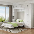 Cama de pared Murphy blanca tamaño matrimonial con armarios, cajones y taquillas, 1-2 personas