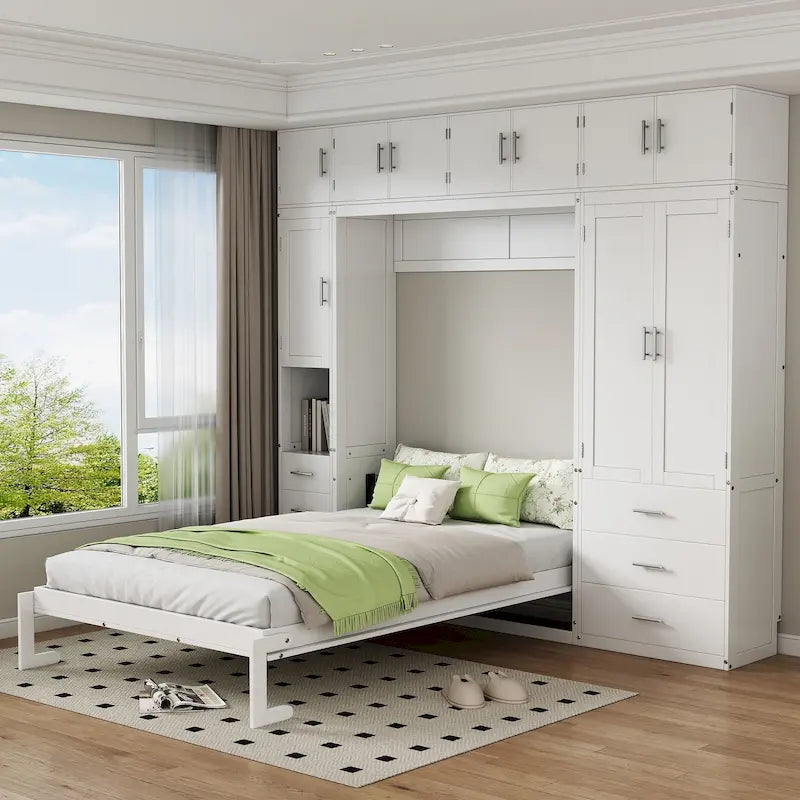 Cama de pared Murphy blanca tamaño matrimonial con armarios, cajones y taquillas, 1-2 personas