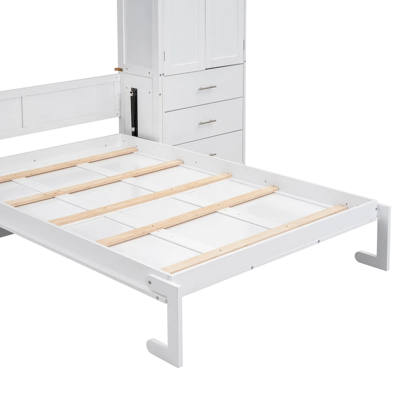 Cama de pared Murphy blanca tamaño matrimonial con armarios, cajones y taquillas, 1-2 personas