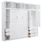 Cama de pared Murphy blanca tamaño matrimonial con armarios, cajones y taquillas, 1-2 personas
