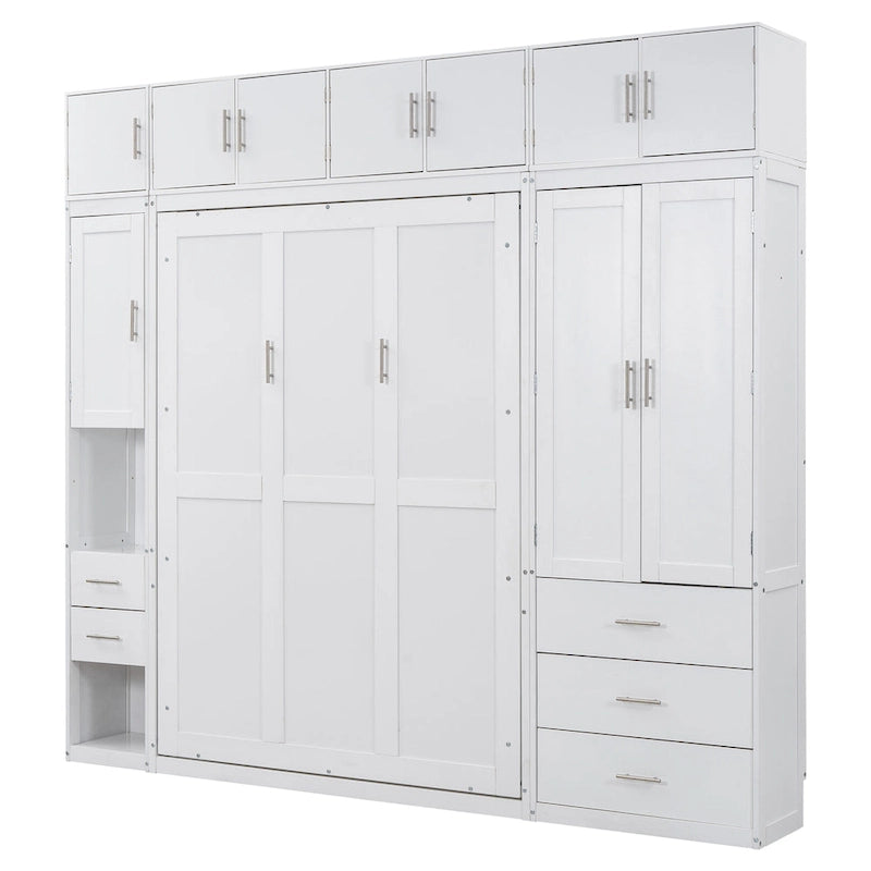 Cama de pared Murphy blanca tamaño matrimonial con armarios, cajones y taquillas, 1-2 personas