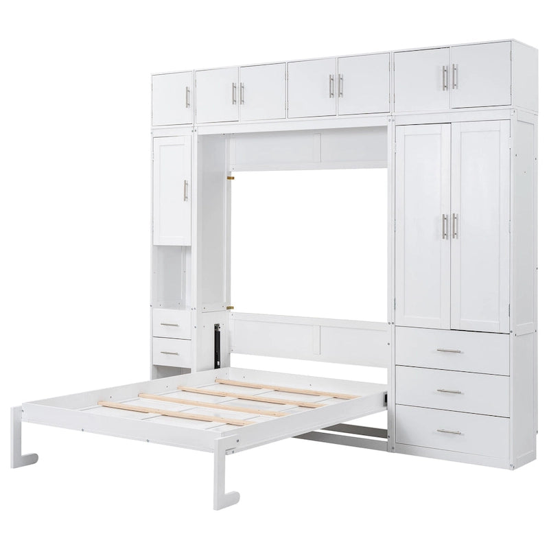 Cama de pared Murphy blanca tamaño matrimonial con armarios, cajones y taquillas, 1-2 personas