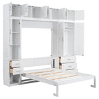 Cama de pared Murphy blanca tamaño matrimonial con armarios, cajones y taquillas, 1-2 personas