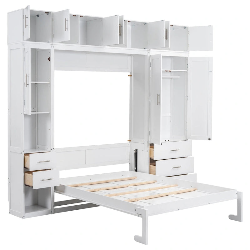 Cama de pared Murphy blanca tamaño matrimonial con armarios, cajones y taquillas, 1-2 personas