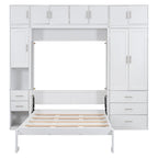Cama de pared Murphy blanca tamaño matrimonial con armarios, cajones y taquillas, 1-2 personas
