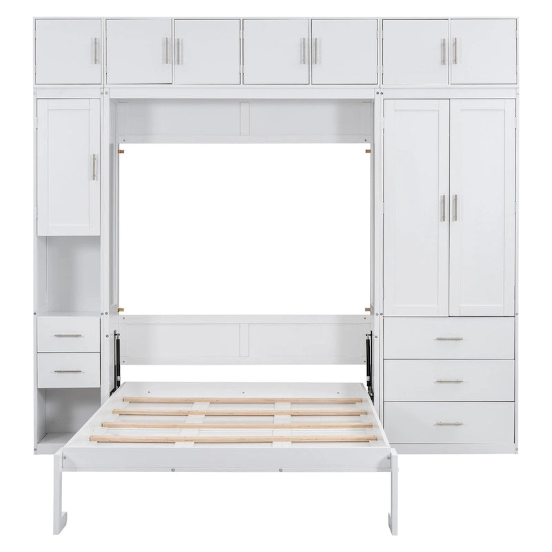 Cama de pared Murphy blanca tamaño matrimonial con armarios, cajones y taquillas, 1-2 personas
