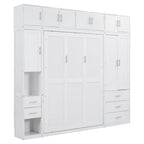 Cama de pared Murphy blanca tamaño matrimonial con armarios, cajones y taquillas, 1-2 personas