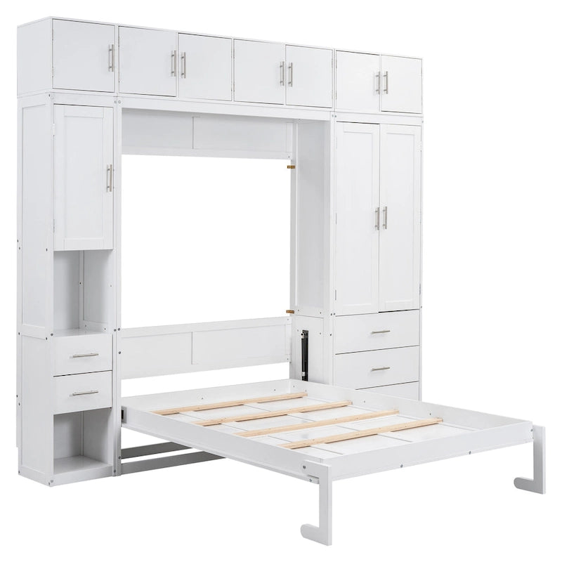 Cama de pared Murphy blanca tamaño matrimonial con armarios, cajones y taquillas, 1-2 personas
