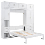 Cama de pared Murphy blanca tamaño matrimonial con armarios, cajones y taquillas, 1-2 personas