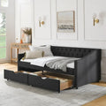 Cama Diván Individual Tapizada en Lino Negro con 2 Cajones y Respaldo Capitaneado, 1 Persona