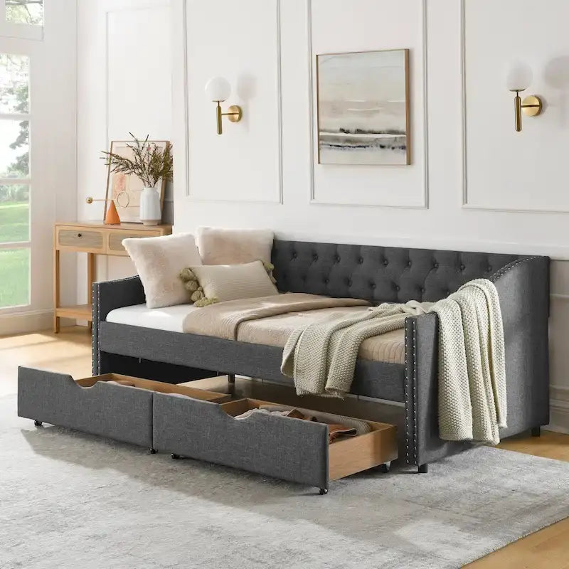 Cama Diván Individual Tapizada en Lino Negro con 2 Cajones y Respaldo Capitaneado, 1 Persona