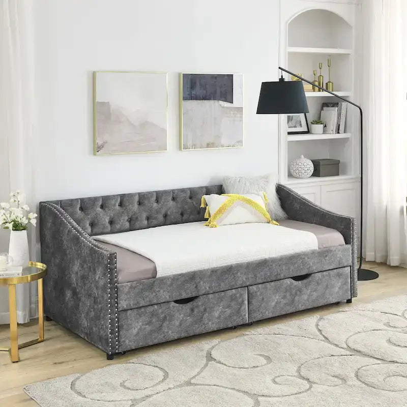 Cama Diván Individual Tapizada en Lino Negro con 2 Cajones y Respaldo Capitaneado, 1 Persona