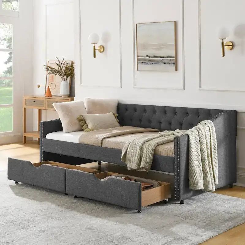 Twin Size Linen Upholstered Daybed Frame with 2 Drawers, Buttons Tufted Backrest, Copper Nail Decoration