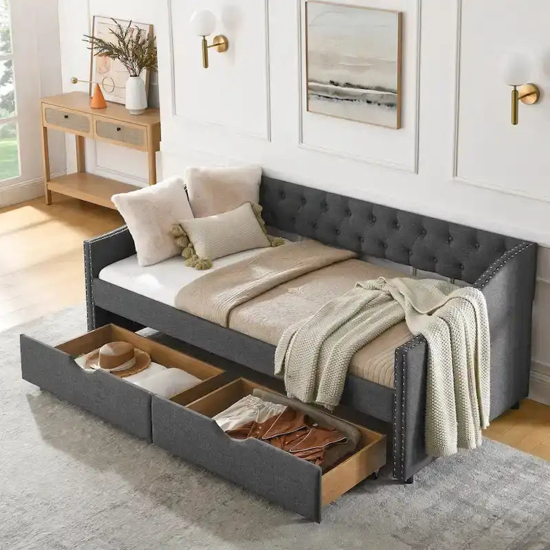 Cama Diván Individual Tapizada en Lino Negro con 2 Cajones y Respaldo Capitaneado, 1 Persona