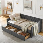 Cama Diván Individual Tapizada en Lino Negro con 2 Cajones y Respaldo Capitaneado, 1 Persona
