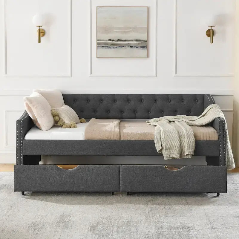 Cama Diván Individual Tapizada en Lino Negro con 2 Cajones y Respaldo Capitaneado, 1 Persona
