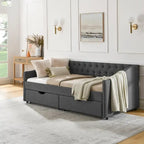 Cama Diván Individual Tapizada en Lino Negro con 2 Cajones y Respaldo Capitaneado, 1 Persona