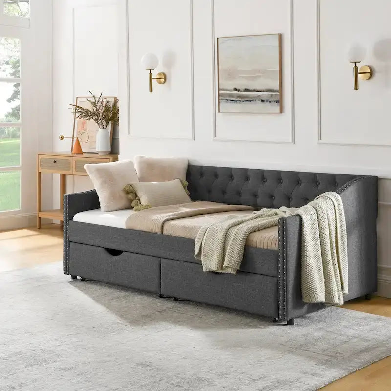 Cama Diván Individual Tapizada en Lino Negro con 2 Cajones y Respaldo Capitaneado, 1 Persona