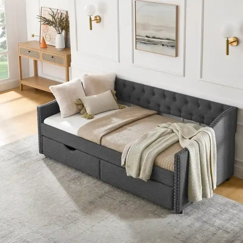 Cama Diván Individual Tapizada en Lino Negro con 2 Cajones y Respaldo Capitaneado, 1 Persona