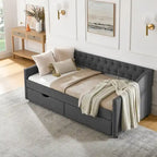Cama Diván Individual Tapizada en Lino Negro con 2 Cajones y Respaldo Capitaneado, 1 Persona