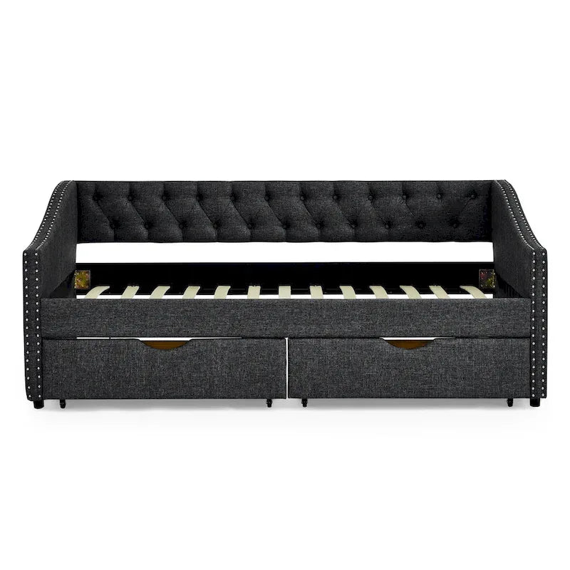 Cama Diván Individual Tapizada en Lino Negro con 2 Cajones y Respaldo Capitaneado, 1 Persona