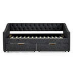 Cama Diván Individual Tapizada en Lino Negro con 2 Cajones y Respaldo Capitaneado, 1 Persona