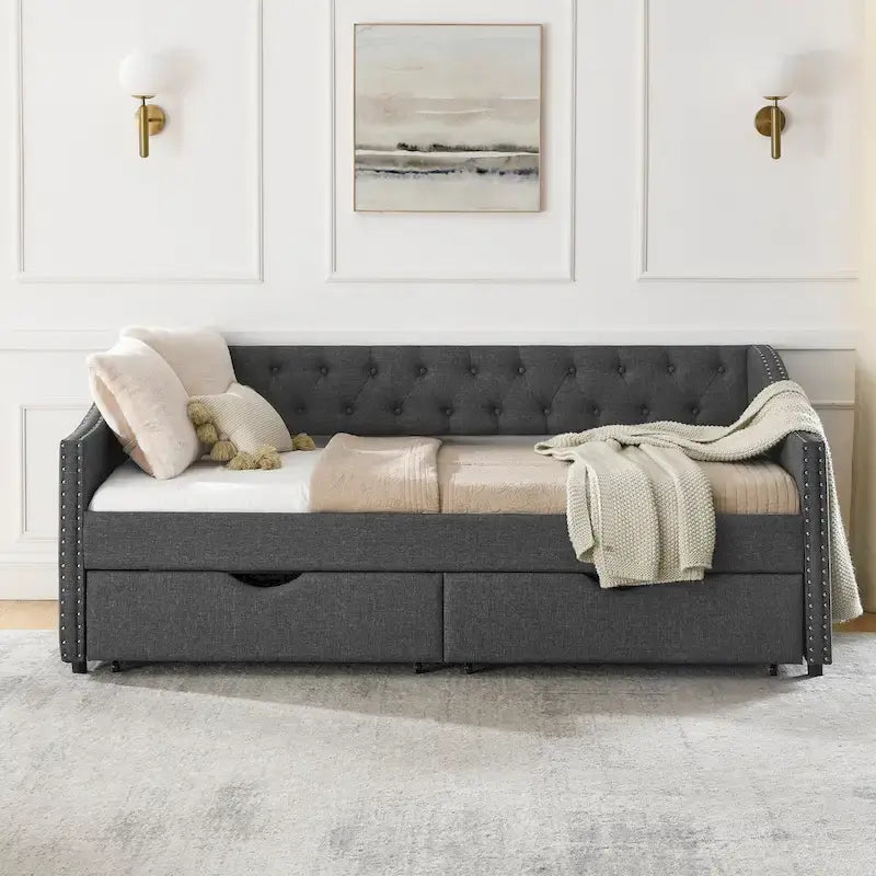Cama Diván Individual Tapizada en Lino Negro con 2 Cajones y Respaldo Capitaneado, 1 Persona