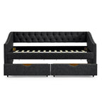 Cama Diván Individual Tapizada en Lino Negro con 2 Cajones y Respaldo Capitaneado, 1 Persona