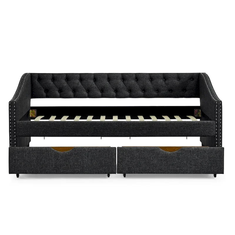 Cama Diván Individual Tapizada en Lino Negro con 2 Cajones y Respaldo Capitaneado, 1 Persona