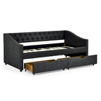 Cama Diván Individual Tapizada en Lino Negro con 2 Cajones y Respaldo Capitaneado, 1 Persona