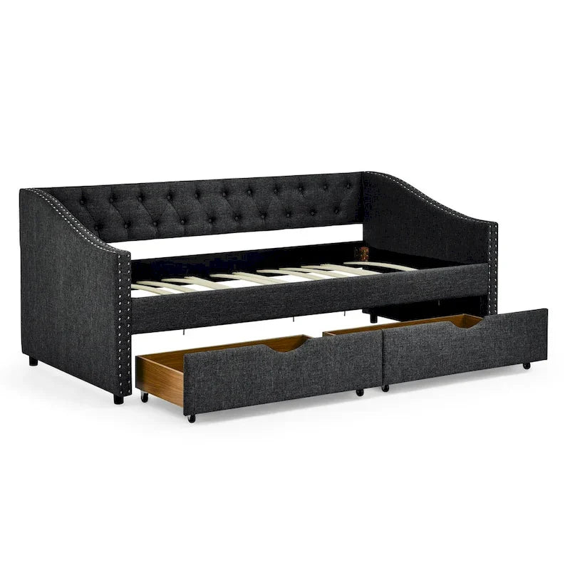 Cama Diván Individual Tapizada en Lino Negro con 2 Cajones y Respaldo Capitaneado, 1 Persona
