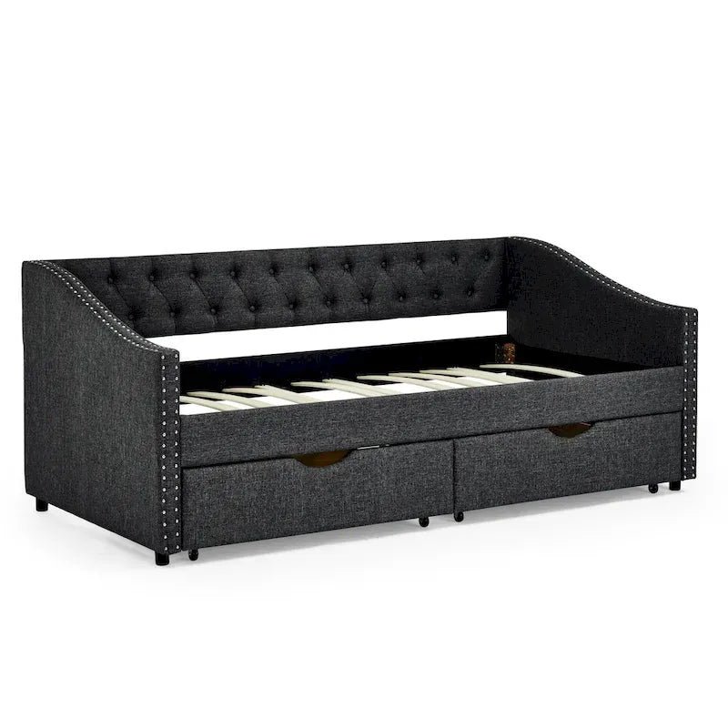 Cama Diván Individual Tapizada en Lino Negro con 2 Cajones y Respaldo Capitaneado, 1 Persona