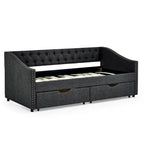 Cama Diván Individual Tapizada en Lino Negro con 2 Cajones y Respaldo Capitaneado, 1 Persona