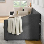 Cama Diván Individual Tapizada en Lino Negro con 2 Cajones y Respaldo Capitaneado, 1 Persona