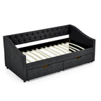 Cama Diván Individual Tapizada en Lino Negro con 2 Cajones y Respaldo Capitaneado, 1 Persona