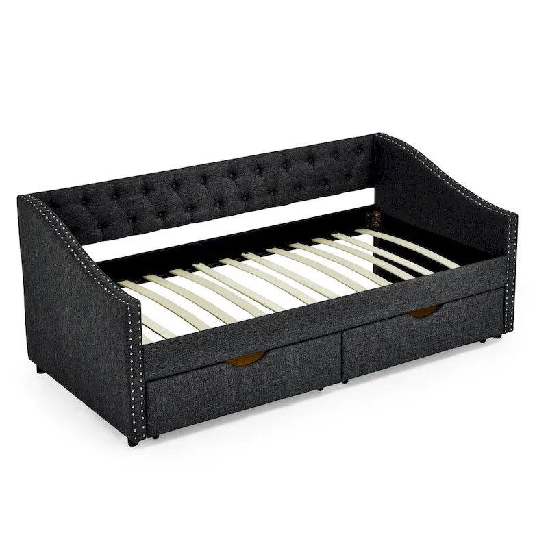 Cama Diván Individual Tapizada en Lino Negro con 2 Cajones y Respaldo Capitaneado, 1 Persona