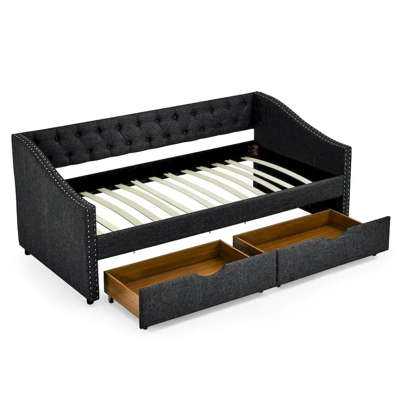 Cama Diván Individual Tapizada en Lino Negro con 2 Cajones y Respaldo Capitaneado, 1 Persona