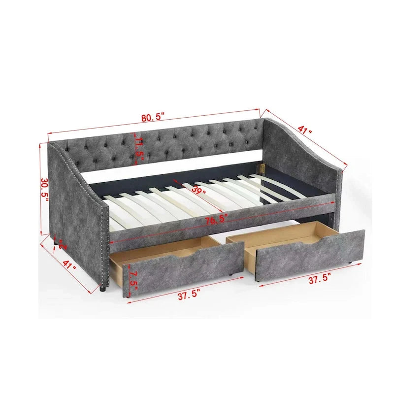 Cama Diván Individual Tapizada en Lino Negro con 2 Cajones y Respaldo Capitaneado, 1 Persona