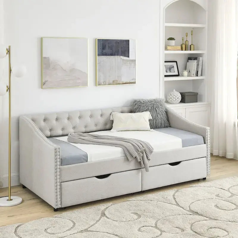 Cama Diván Individual Tapizada en Lino Negro con 2 Cajones y Respaldo Capitaneado, 1 Persona