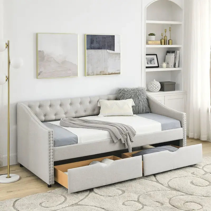 Cama Diván Individual Tapizada en Lino Negro con 2 Cajones y Respaldo Capitaneado, 1 Persona