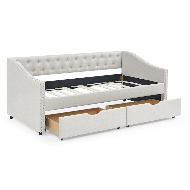 Cama Diván Individual Tapizada en Lino Negro con 2 Cajones y Respaldo Capitaneado, 1 Persona